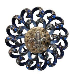 Fleur De Lis Swirl Brooch Royal Blue Gun Metal Gray Rhinestone Sparkle